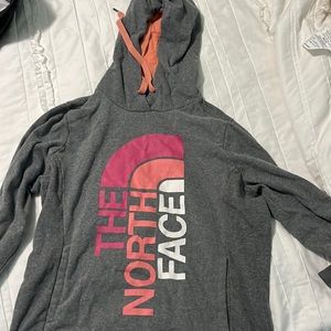 Womens pink and grey north face hoodie size L